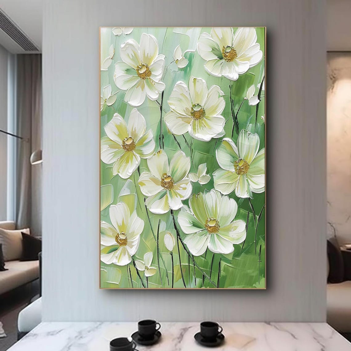 White Blossoms Gold Centers Pale Green Botanical Painting Art Poster - Image 2