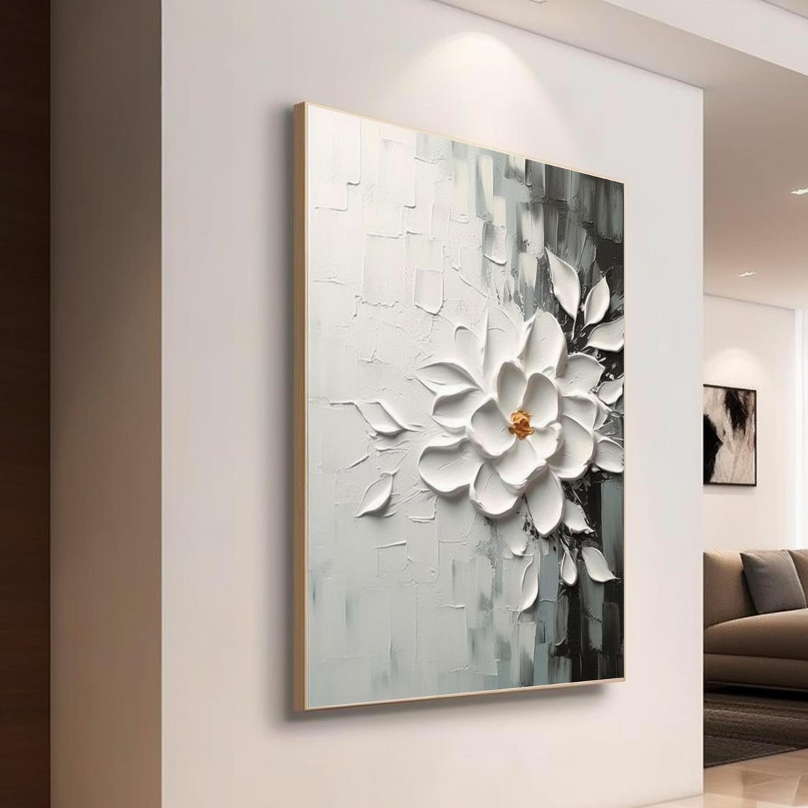 White Floral Cluster Gold Center Gray Abstract Botanical Art Poster - Image 4