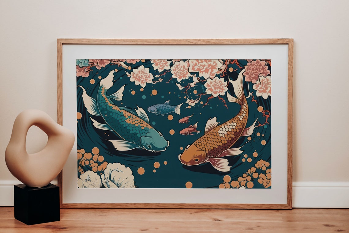 Twin Koi Fish Circling Under Cherry Blossom Japanese Art Poster - Image 4