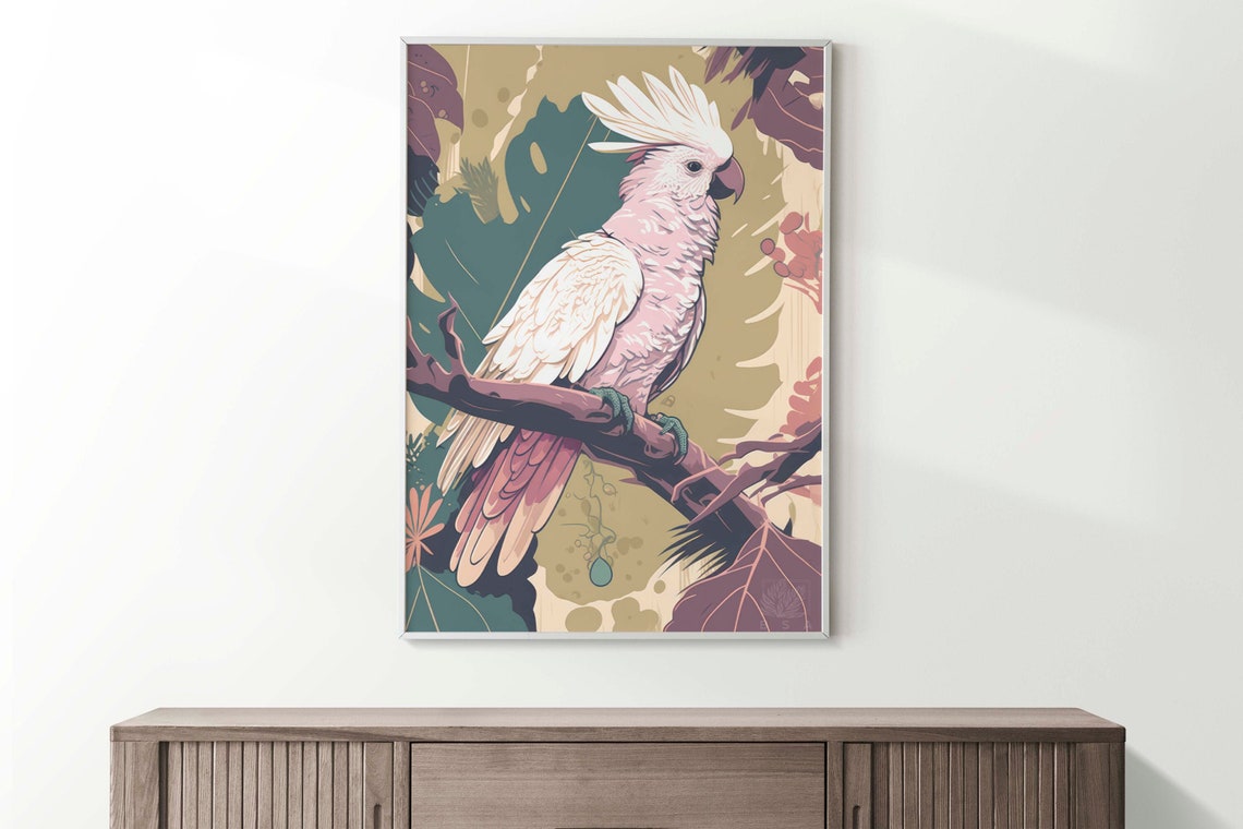White Cockatoo Poster Blush Pink Tropical Bird Botanical Decor Art