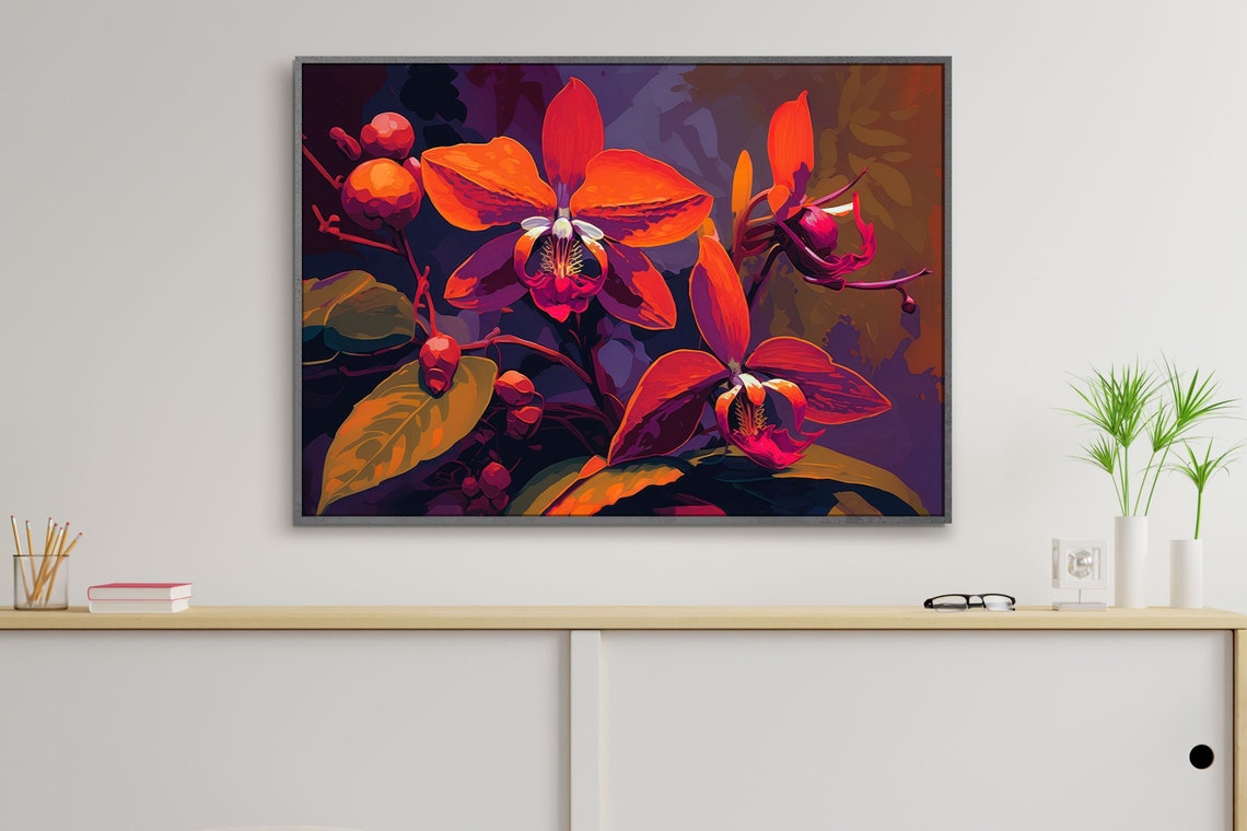 Orange Orchid Blossoms On Dark Purple Tropical Floral Poster - Image 3