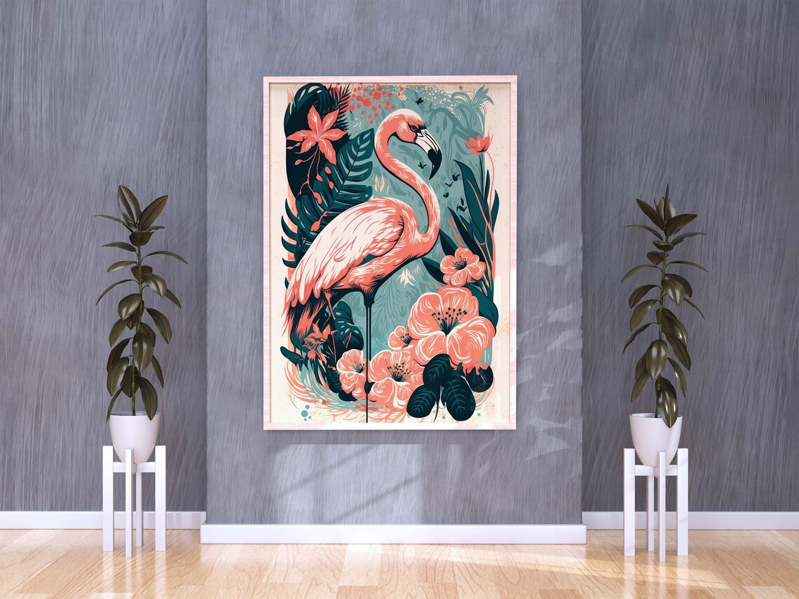 Pink Flamingo Flower Print, Tropical Coastal Bird Art Print - Image 3