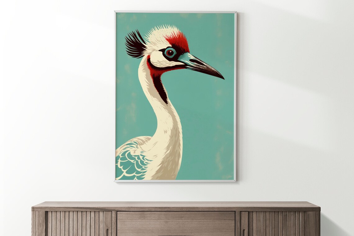 Japanese Red Crowned Crane Poster Elegant Teal Oriental Bird Art - Image 3