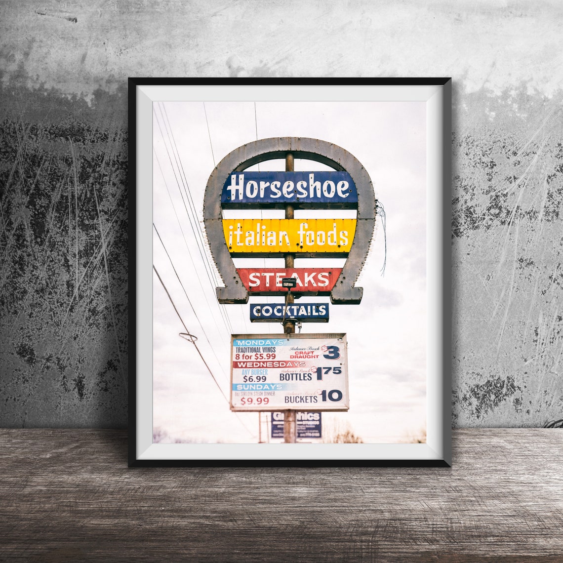 Horseshoe Italian Foods Collinsville Illinois Unframed Photography Print Italian Restaurant Bar Sign Art Steaks Cocktails