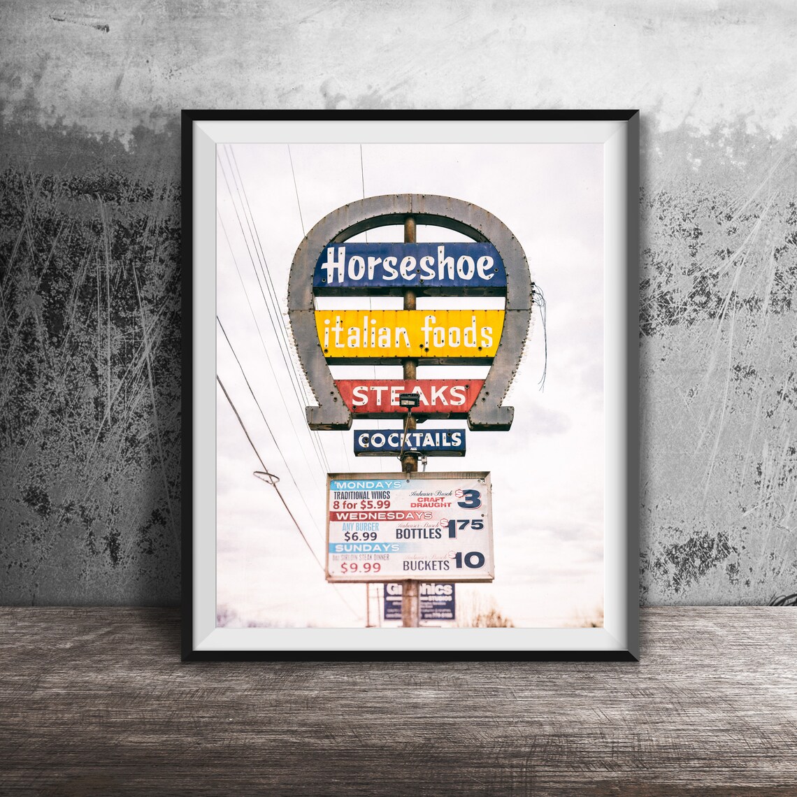 Horseshoe Italian Foods Steaks Cocktails Neon Roadside Sign Poster