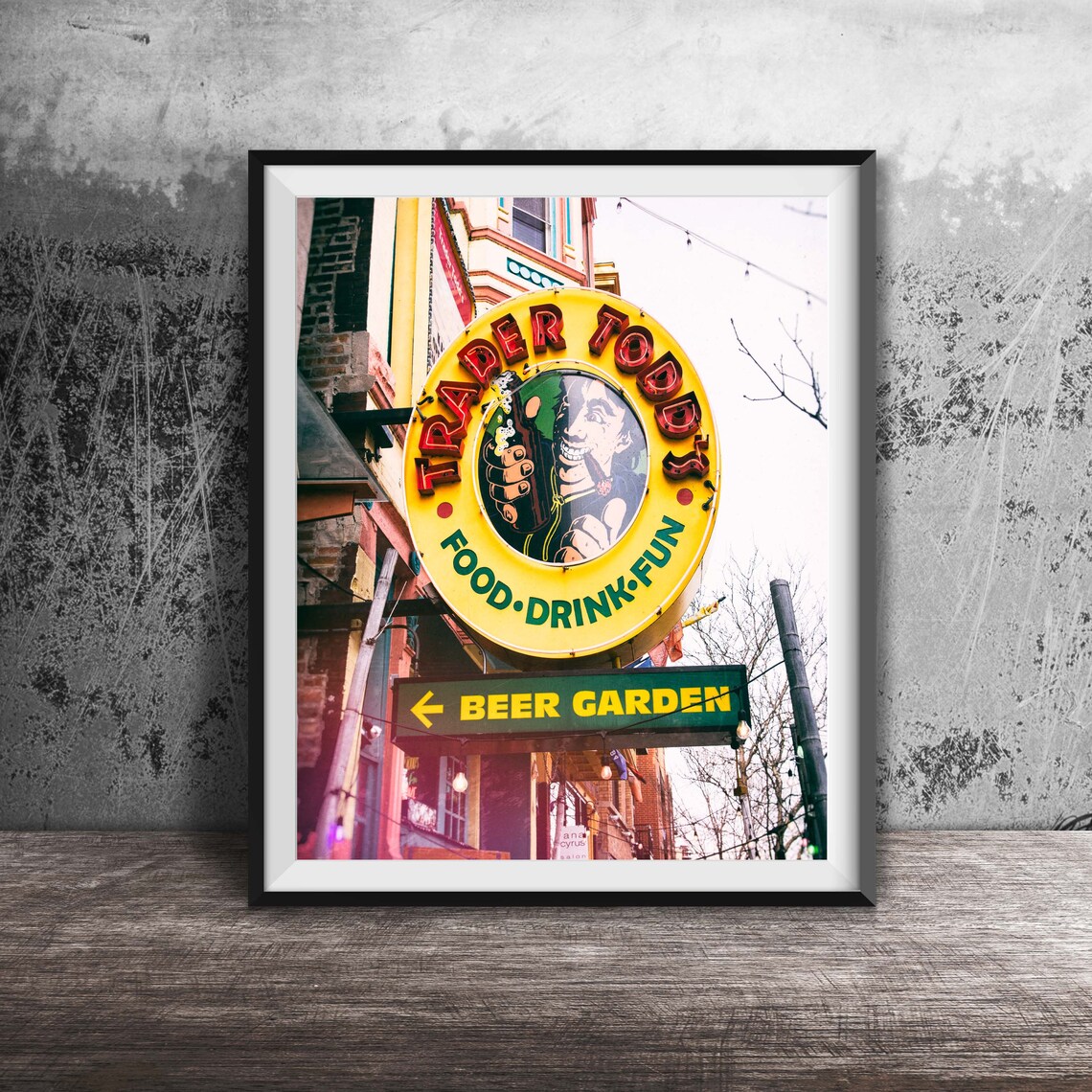 Trader Todd's Food Drink Fun Round Sign Vintage Chicago Bar Poster