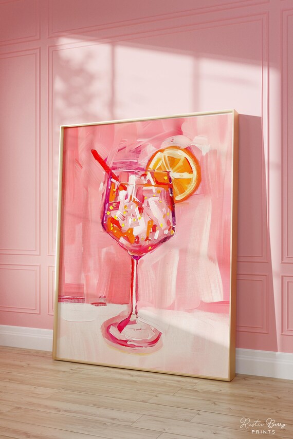 Aperol Spritz Cocktail Pink Painterly Bar Cart Party Decor Poster