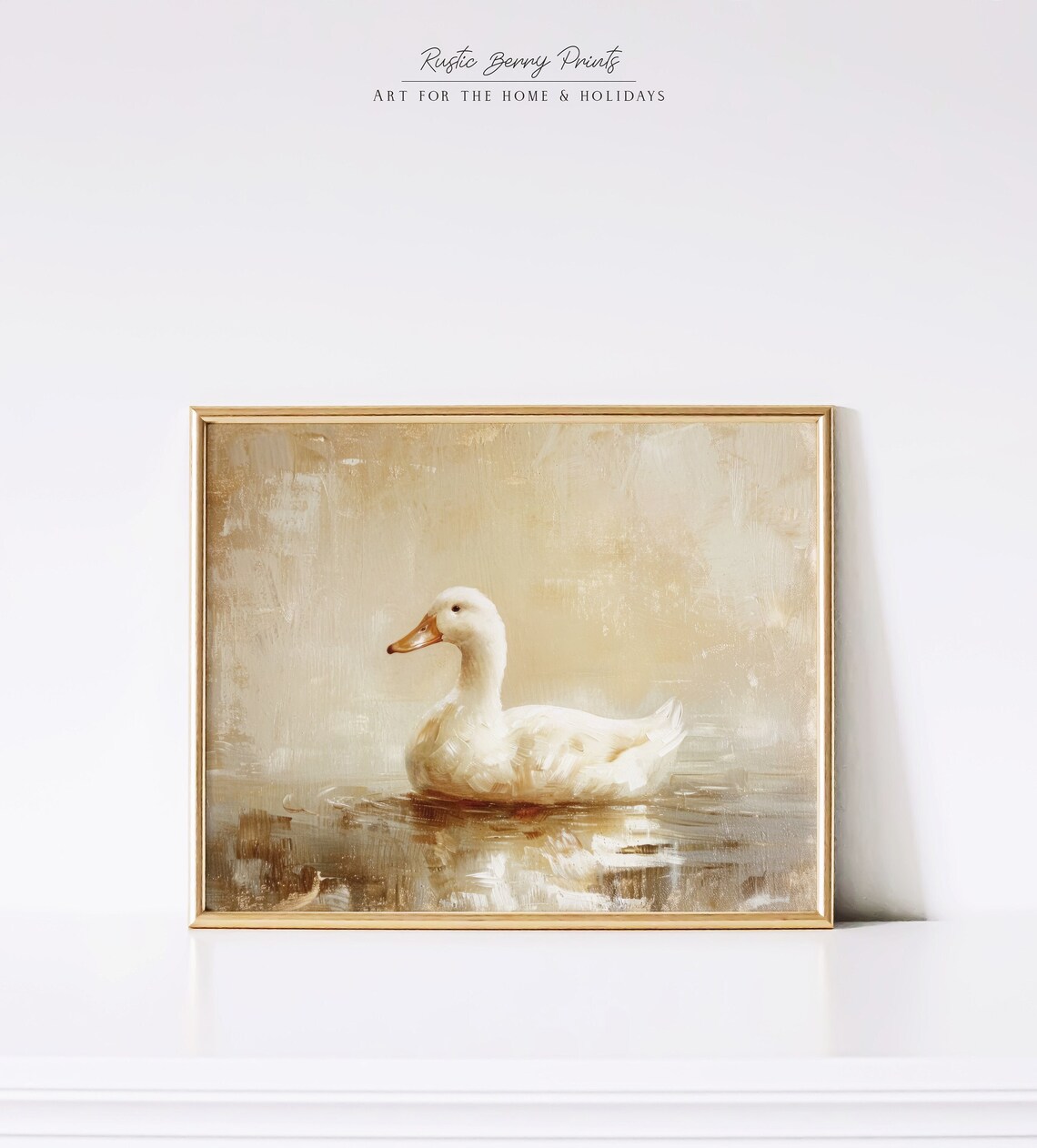 White Goose Swimming Calm Water Neutral Beige Vintage Style Wall Art