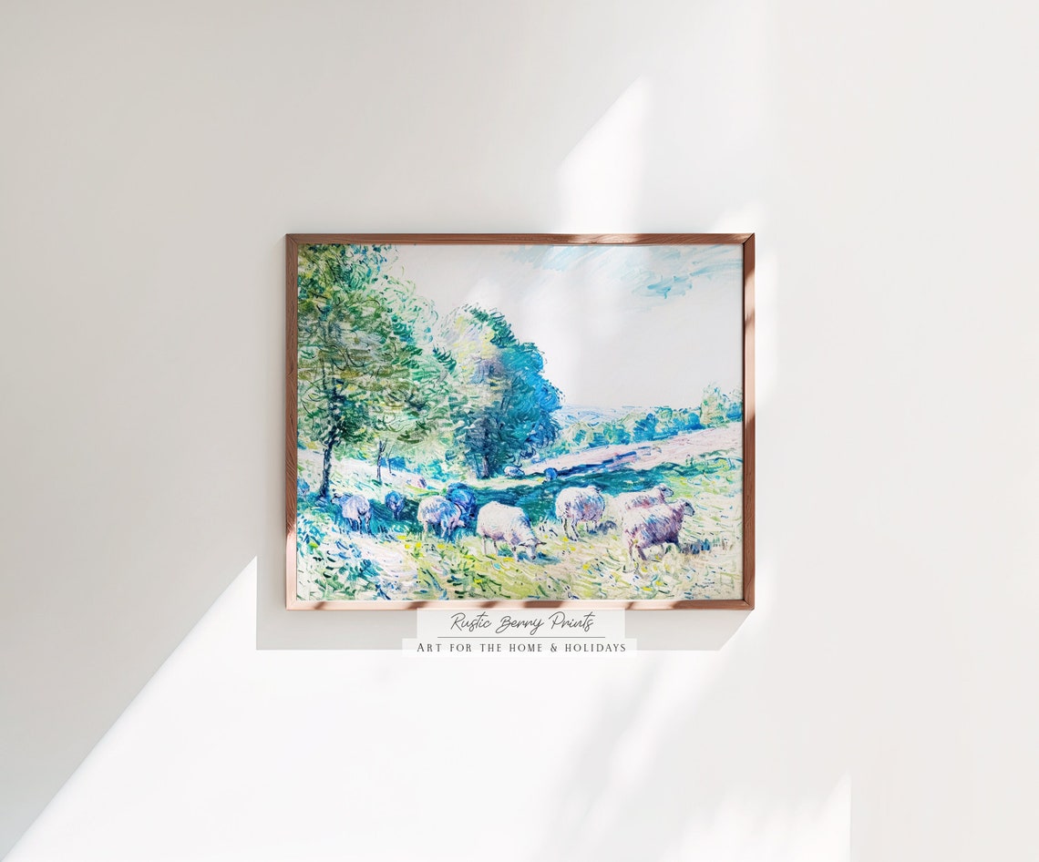 Sheep Grazing Sunny Green Pasture Impressionist Farm Landscape Poster