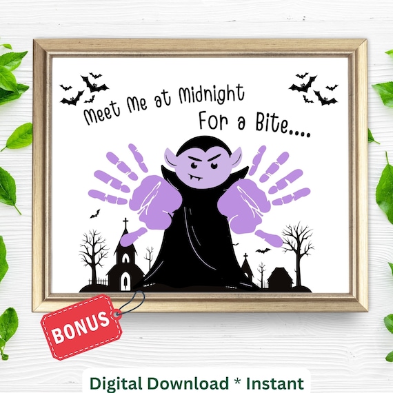 Meet Me At Midnight Vampire Halloween Handprint Art Kids Craft Poster