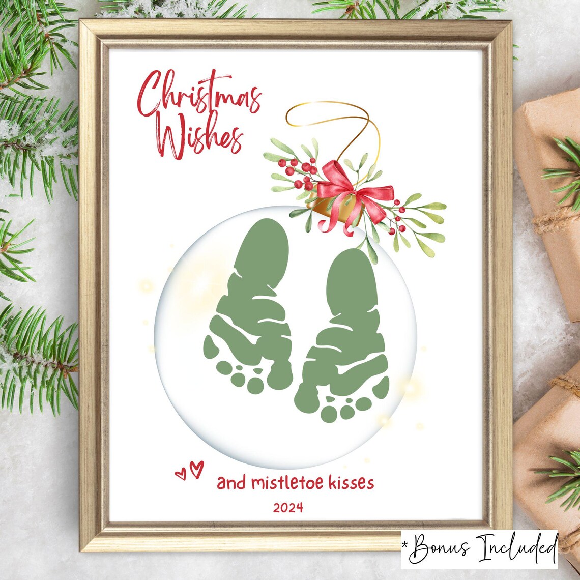 Christmas Wishes Mistletoe Kisses Footprint Ornament Art Poster