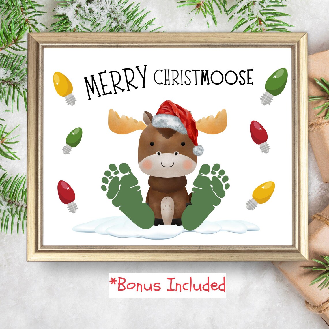 Christmoose Christmas Footprint Art, Holiday Keepsake Print