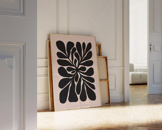 Black Leaf Sprig Silhouette on Beige Minimalist Botanical Poster