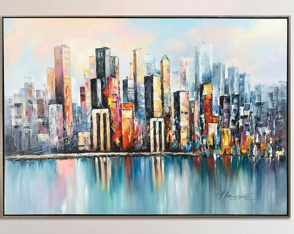 Abstract New York City Oil Painting Nyc Skyline Painting Extra Large Brooklyn Ny Modern Wall Art City Skyline Abstract Nyc Oil Painting - Image 3