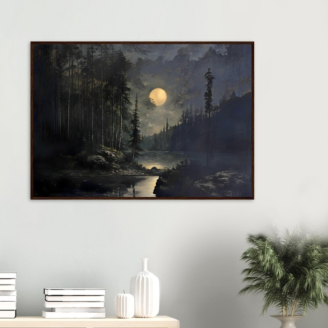 Moonlit Forest Lake Tall Pines Night Reflection Dark Academia Poster