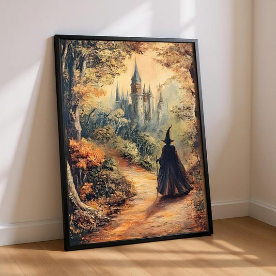 Vintage Witch Halloween Poster Dark Fantasy Castle Art Print