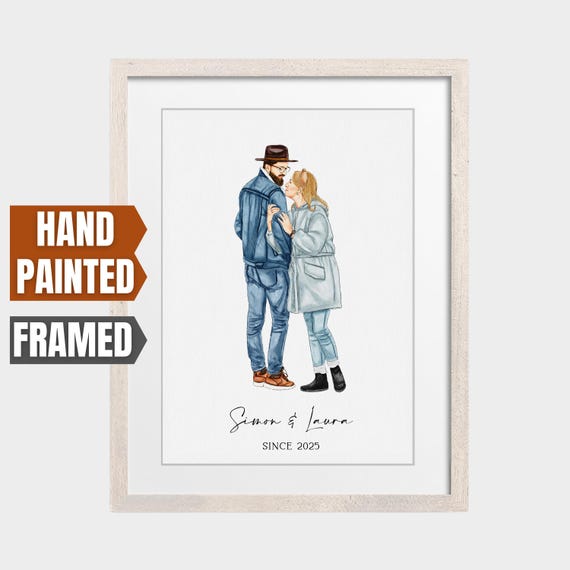 Personalized Hand Painted Denim Couple Kissing Framed Portrait Gift Poster