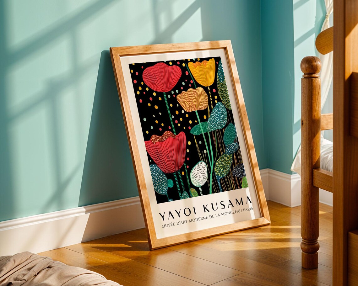 Yayoi Kusama Red and Yellow Poppy Flowers on Black Museum Poster - Image 5