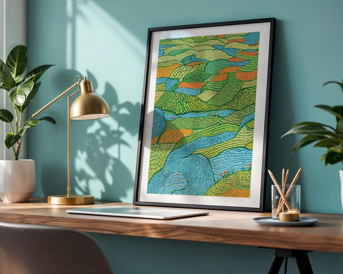 Abstract Green Blue And Orange Winding River Valley Nature Poster - Image 4