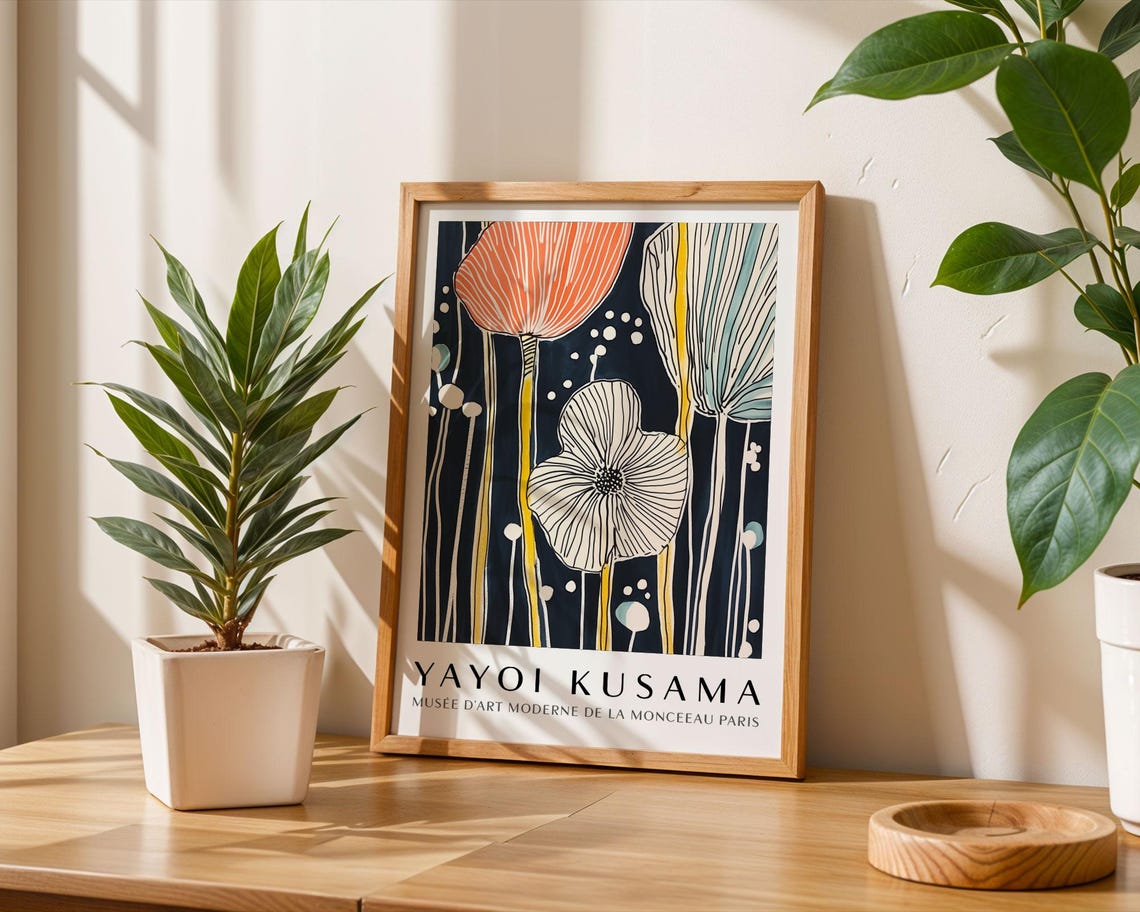 Yayoi Kusama Elegant Line Drawn Tulips on Midnight Blue Poster - Image 6