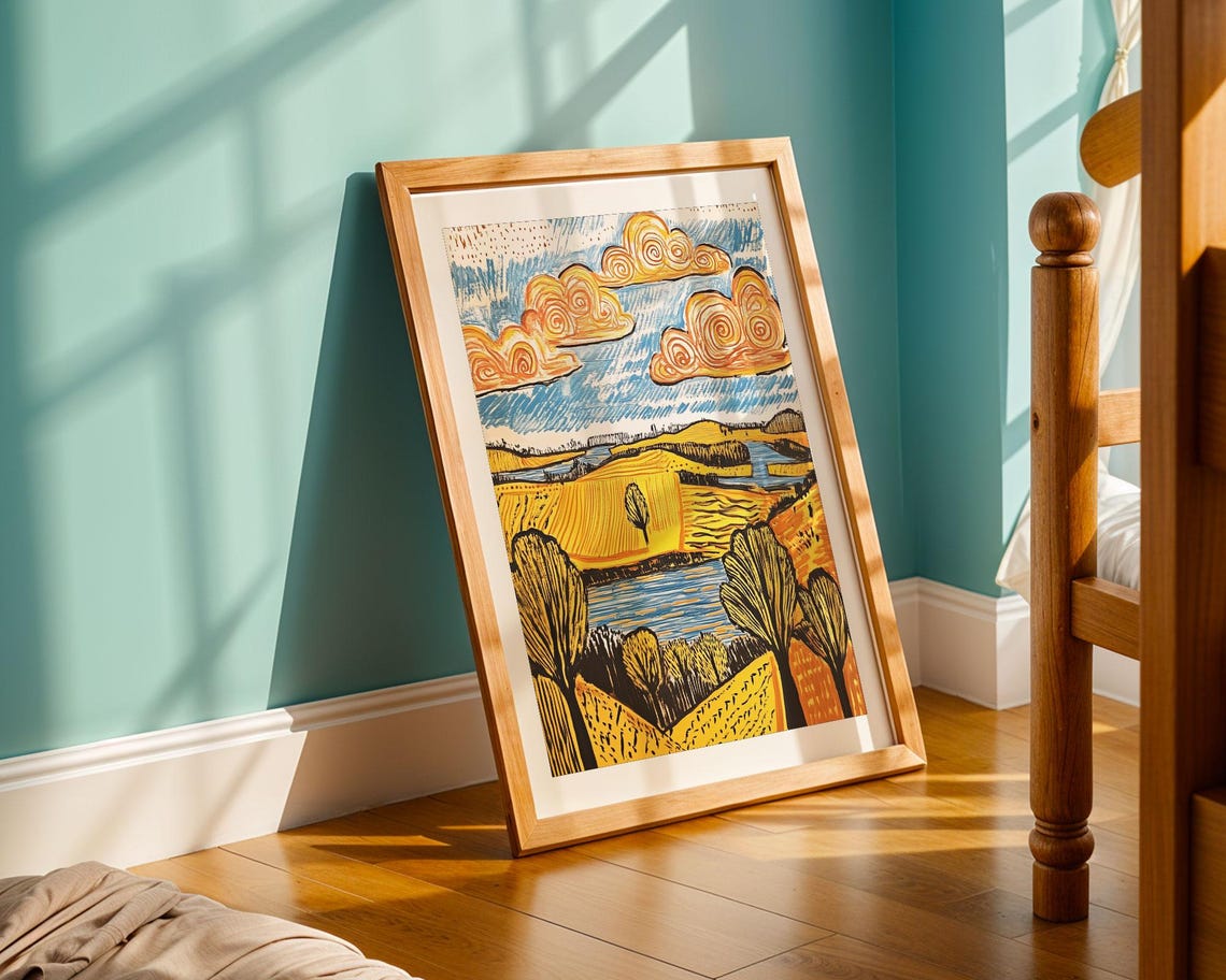 Golden Wheat Fields Blue River Swirling Clouds Landscape Poster - Image 5
