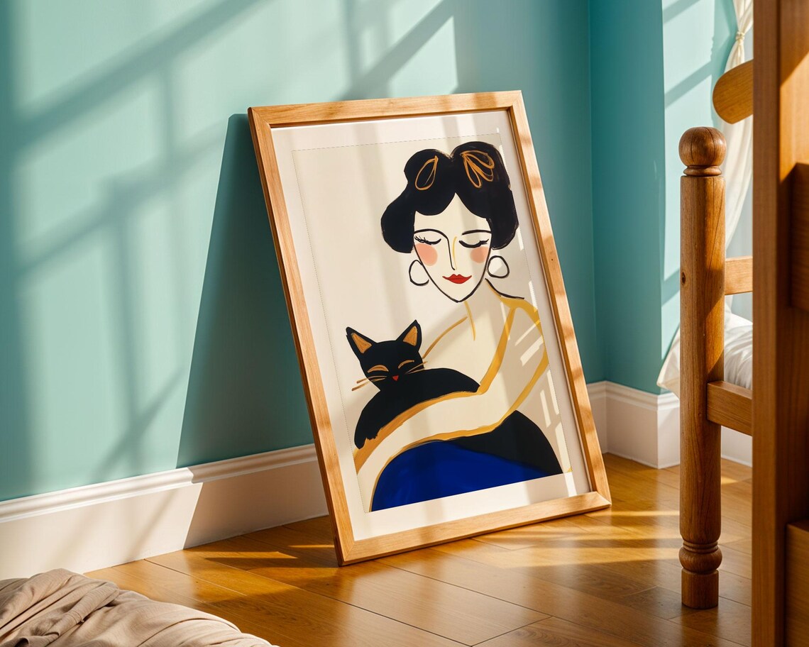 Elegant Dark Haired Woman Holding Black Cat Modern Portrait Poster - Image 5