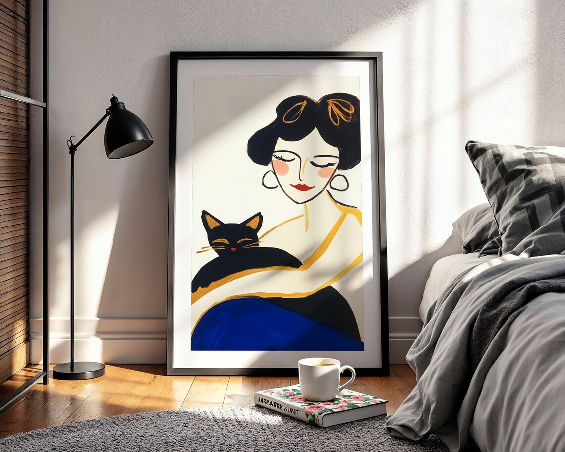 Elegant Dark Haired Woman Holding Black Cat Modern Portrait Poster - Image 2