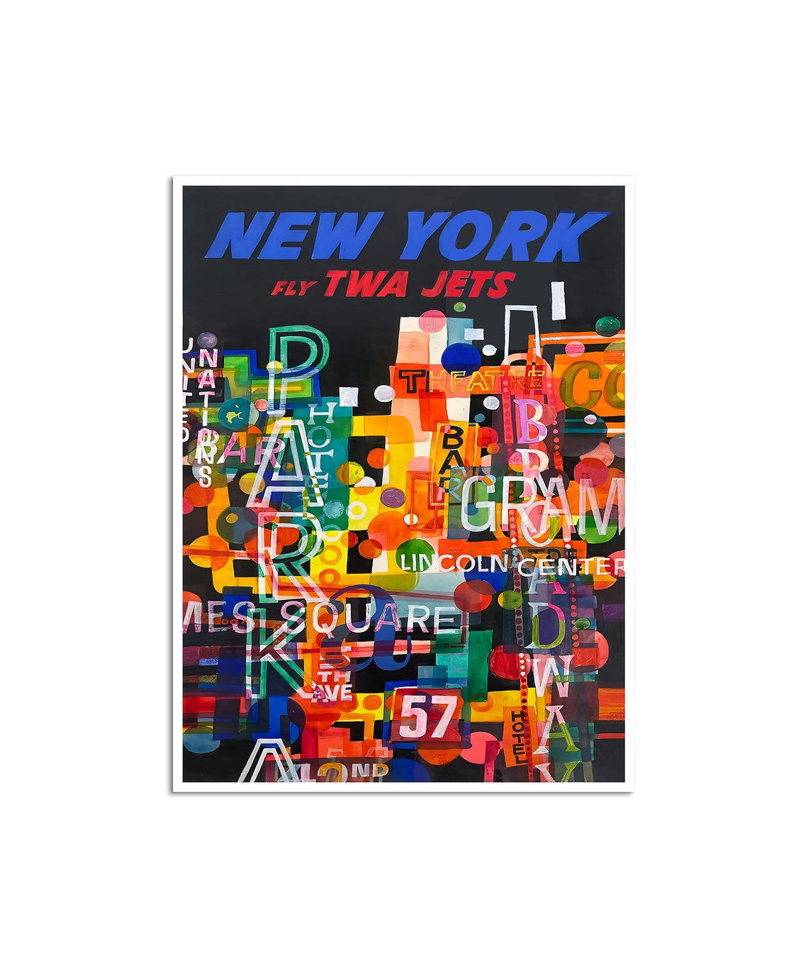 New York Neon Signs Fly TWA Jets Times Square Vintage Travel Poster
