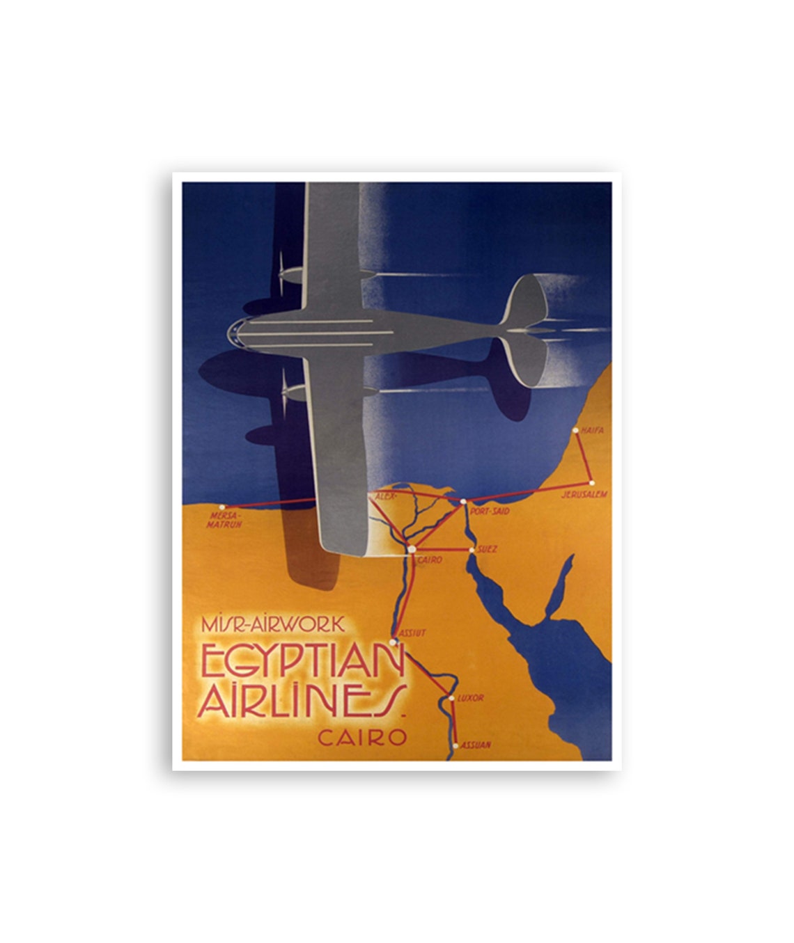 Misr Airwork Egyptian Airlines Cairo Route Map Vintage Poster