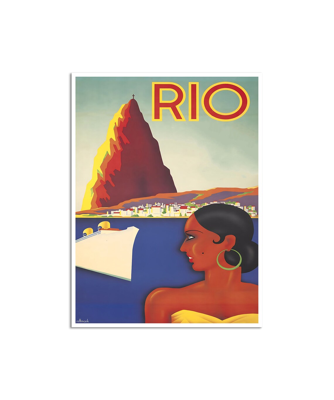Rio Brazil Vintage Travel Poster Mountain Bay Liner Brazilian Art