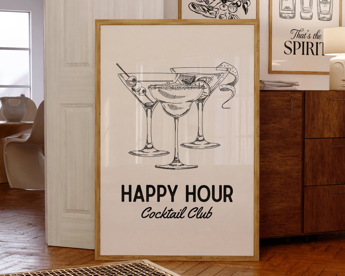 Happy Hour Cocktail Club Martini Sketch Vintage Bar Cart Poster