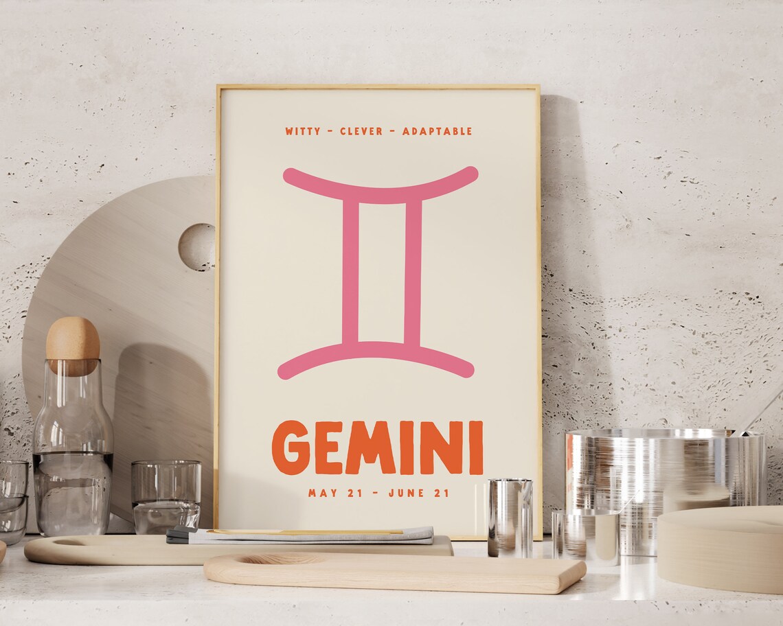 Gemini Zodiac Symbol Pink Orange Cream Preppy Astrology Poster - Image 2