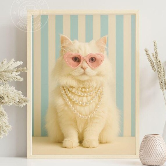 Funny White Cat With Pink Heart Sunglasses And Pearls Wall Art