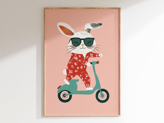 Stylish Bunny with Sunglasses Riding a Teal Scooter Nursery Poster Art