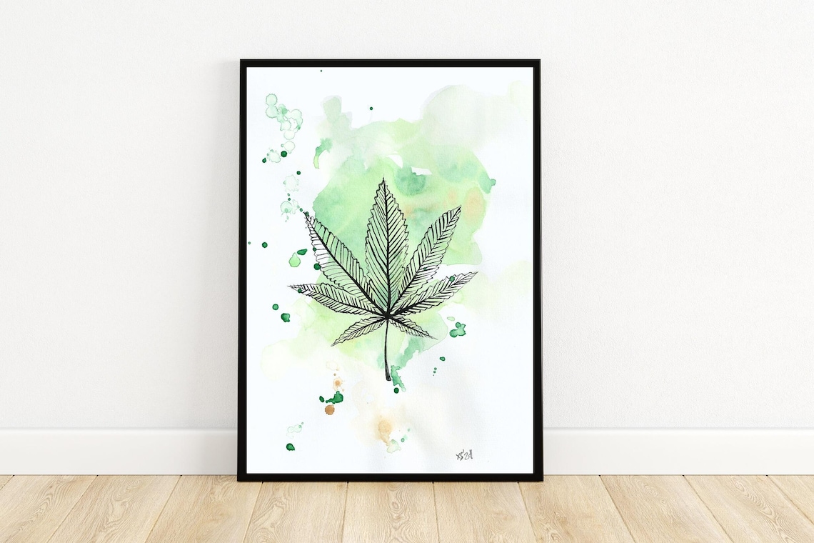 Cannabis Leaf Watercolor Botanical Art Print Green Herbal Wall Decor