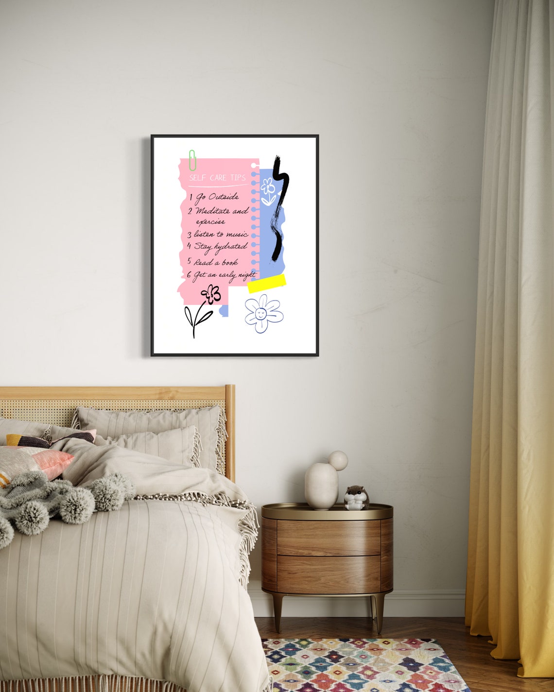Self Care Tips Checklist Pink Notebook Floral Reminder Art Poster - Image 3