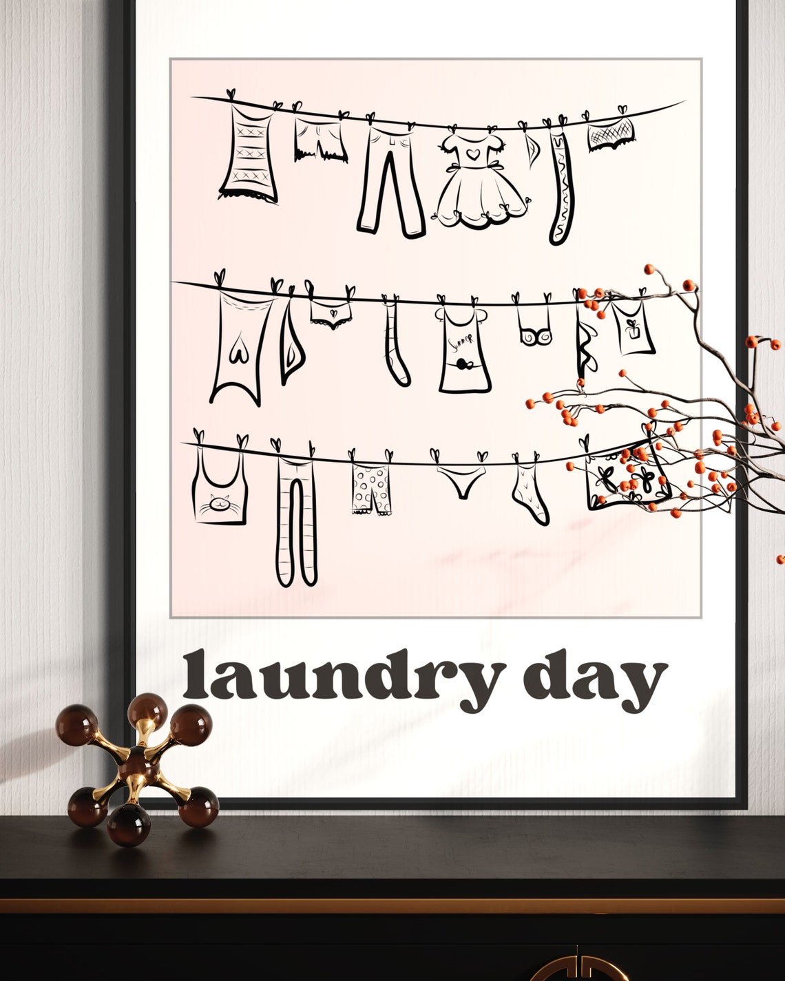 Laundry Day Clothesline Cute Blush Pink Laundry Room Decor Poster - Image 3