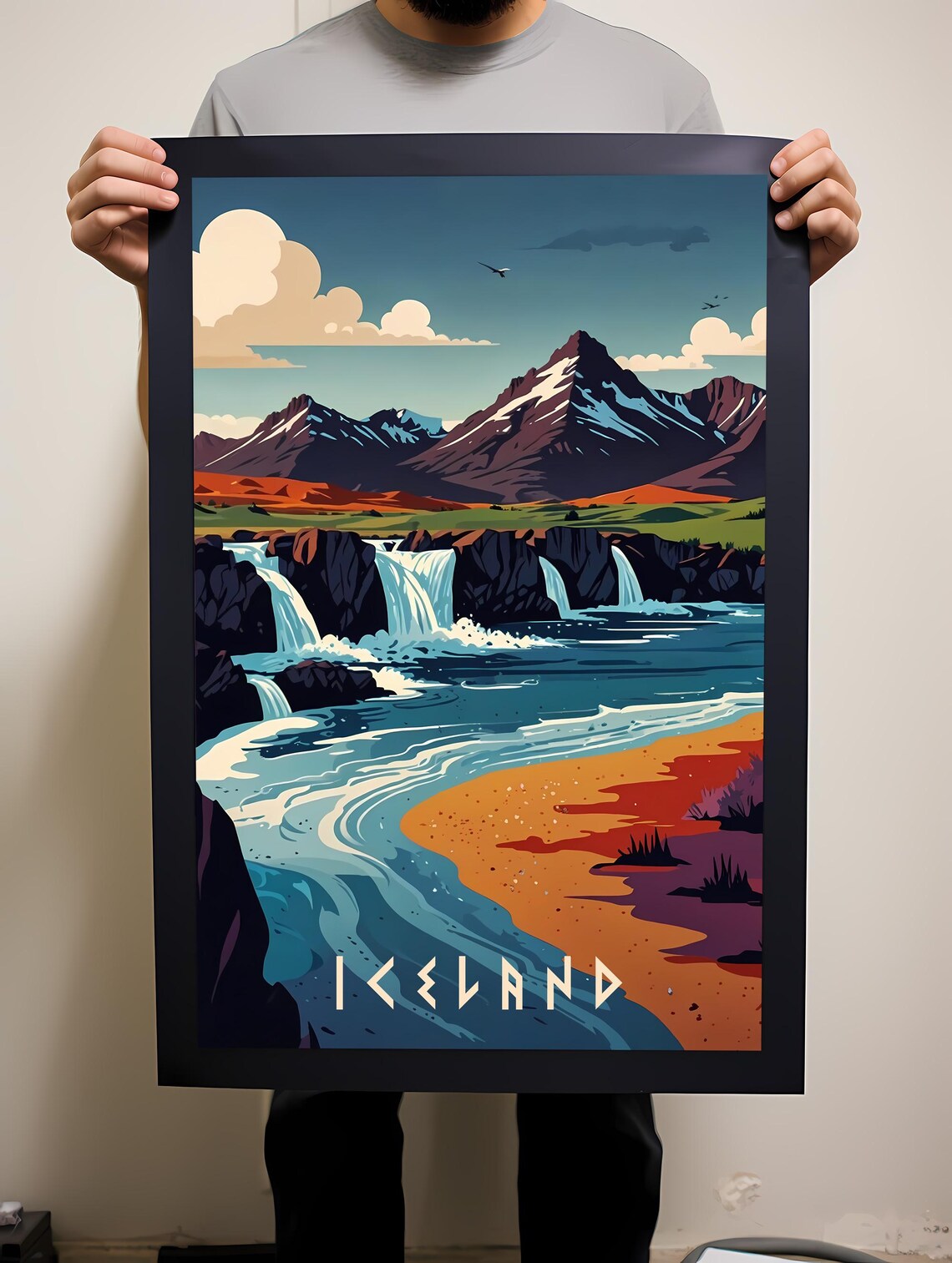 Iceland Waterfalls Snowcapped Mountains Retro Art Travel Poster - Image 2