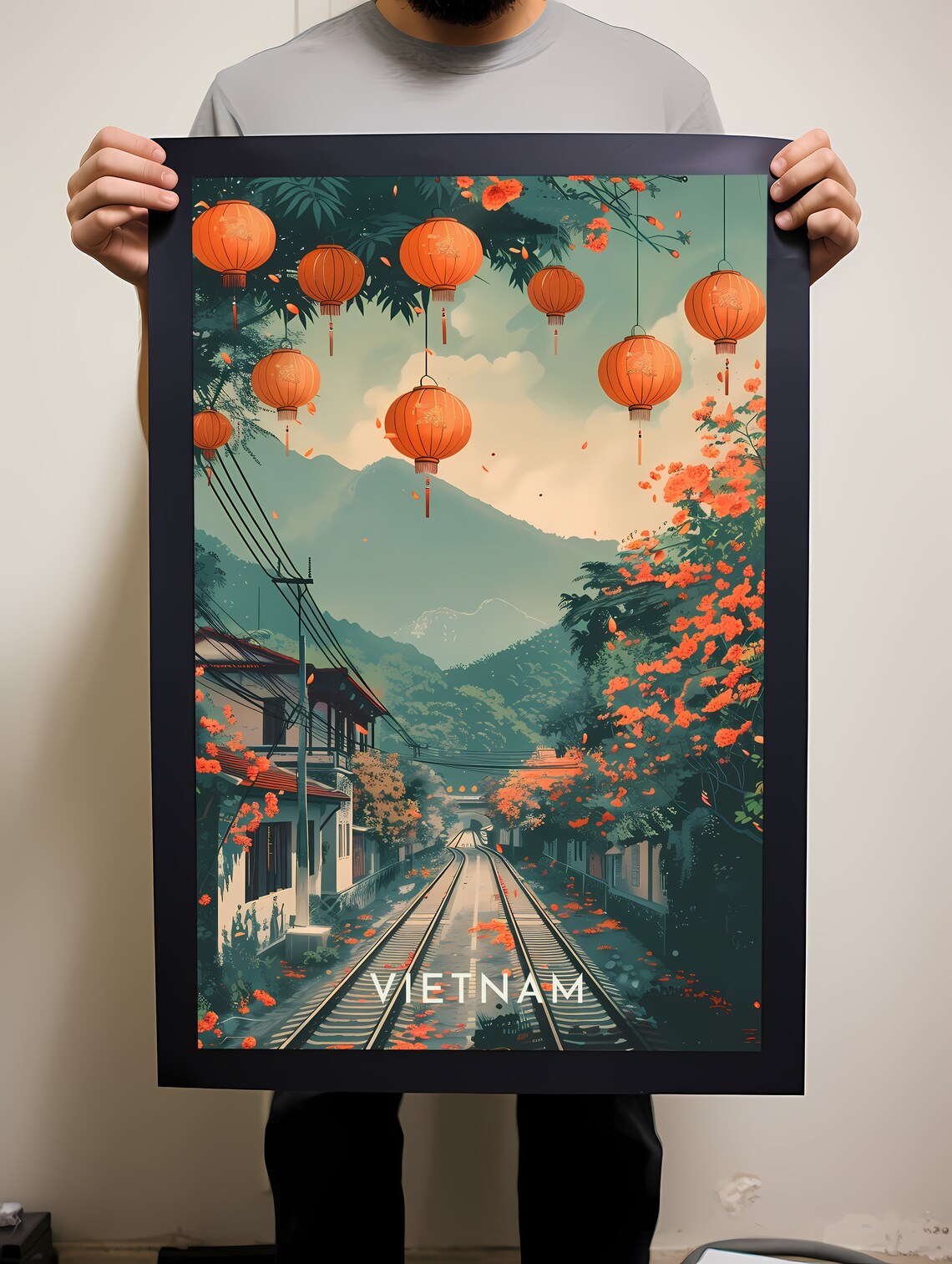 Vietnam Mountain Railway Red Lanterns Vintage Travel Art Poster