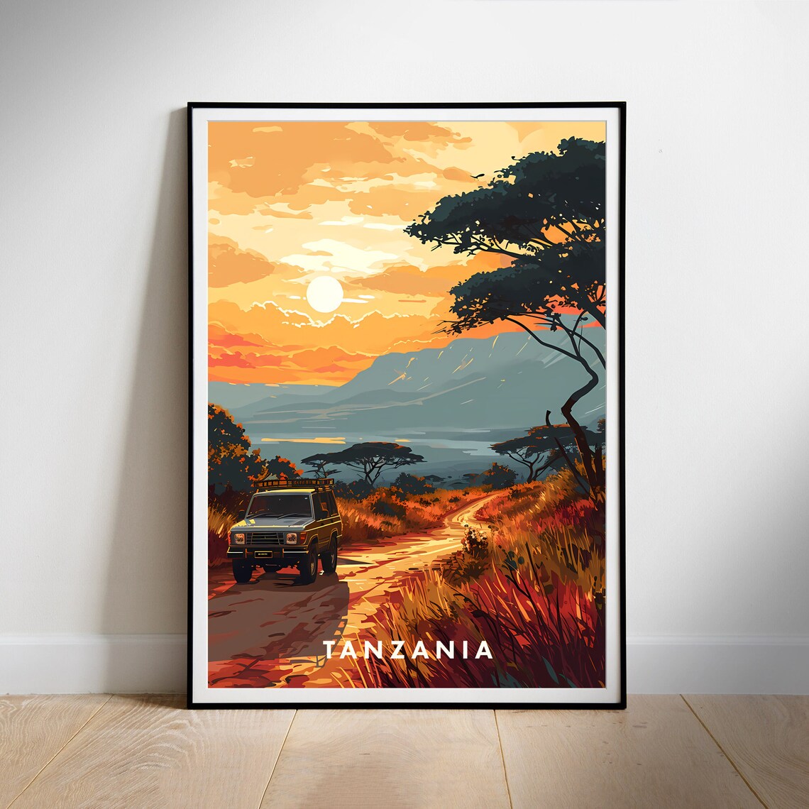 Tanzania Safari Sunset Jeep Acacia Trees Illustrated Travel Poster