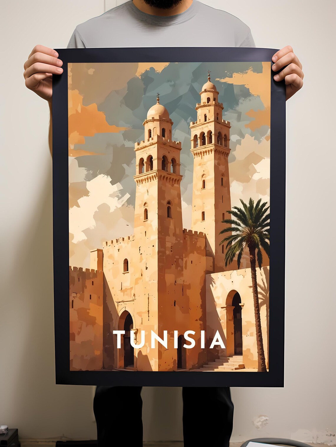 Tunisia Retro Illustrated Twin Mosque Minarets Travel Art Poster