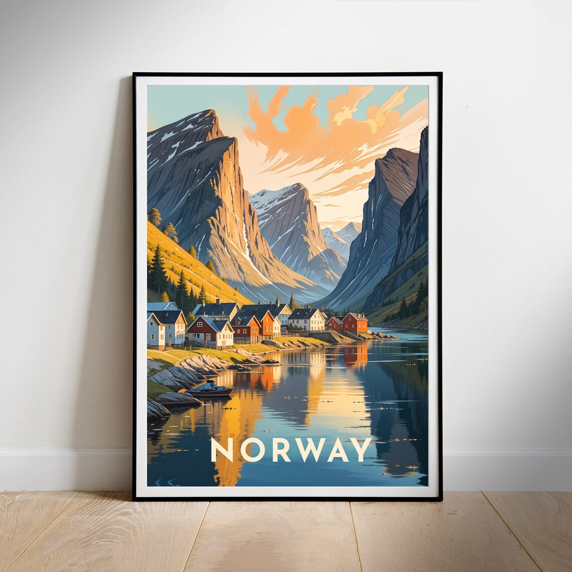 Norway Fjord Village Golden Sunset Reflections Travel Poster - Image 2