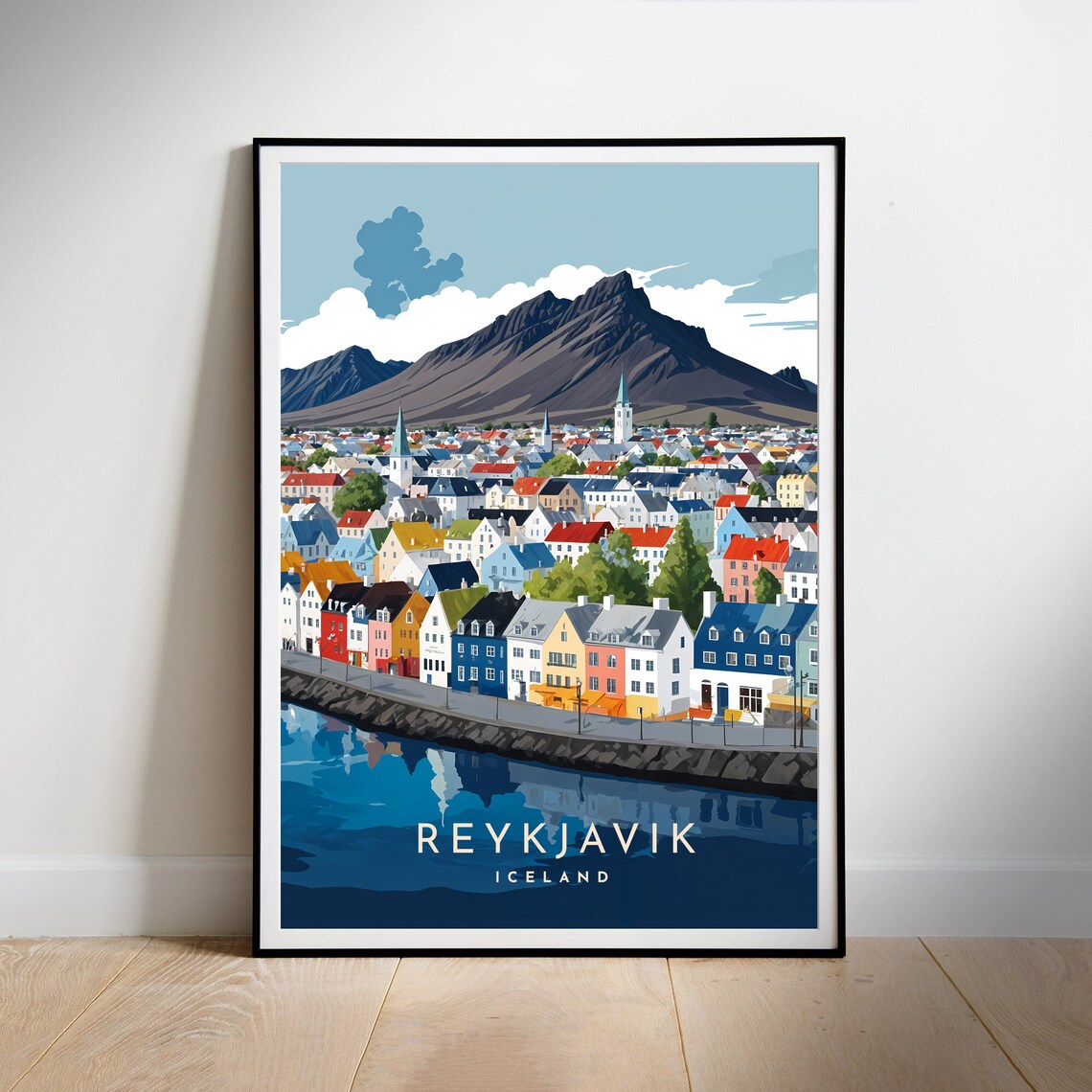 Reykjavik Iceland Colorful Harbor Houses Mountain Travel Poster