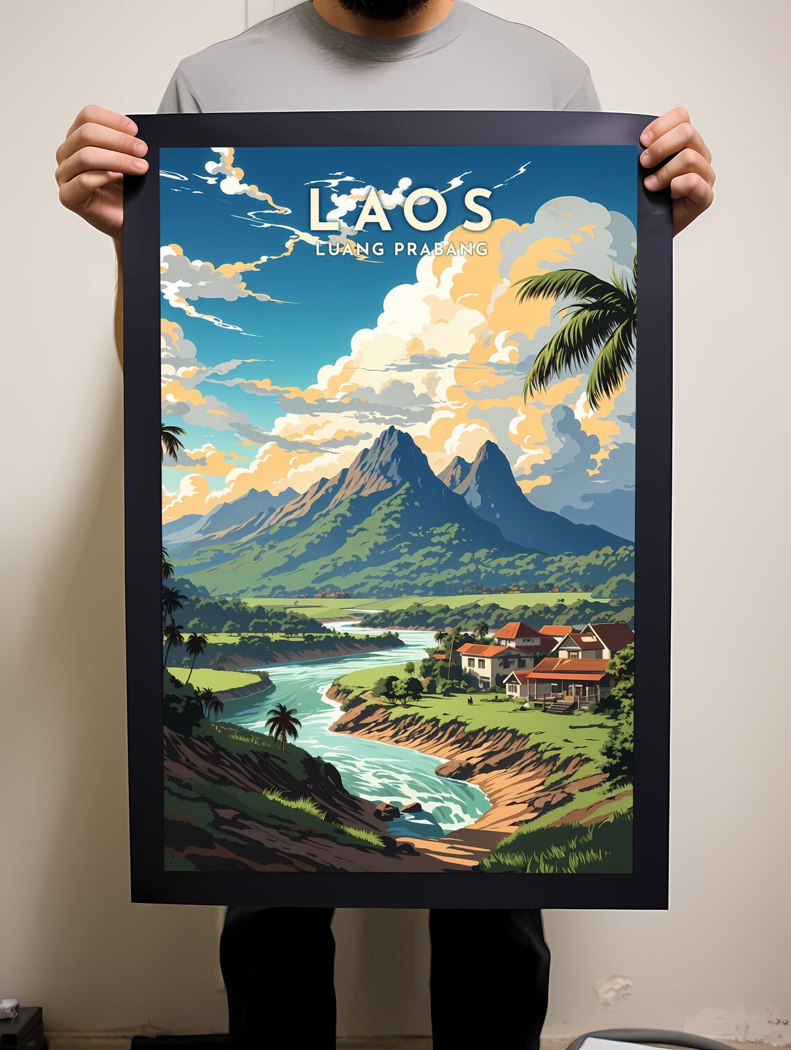 Luang Prabang Laos Mountain River Village Scene Travel Poster - Image 2