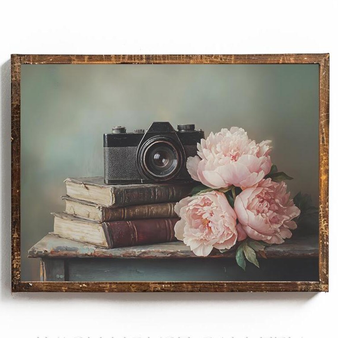 Vintage Film Camera With Books and Pink Peonies Still Life Poster - Image 3