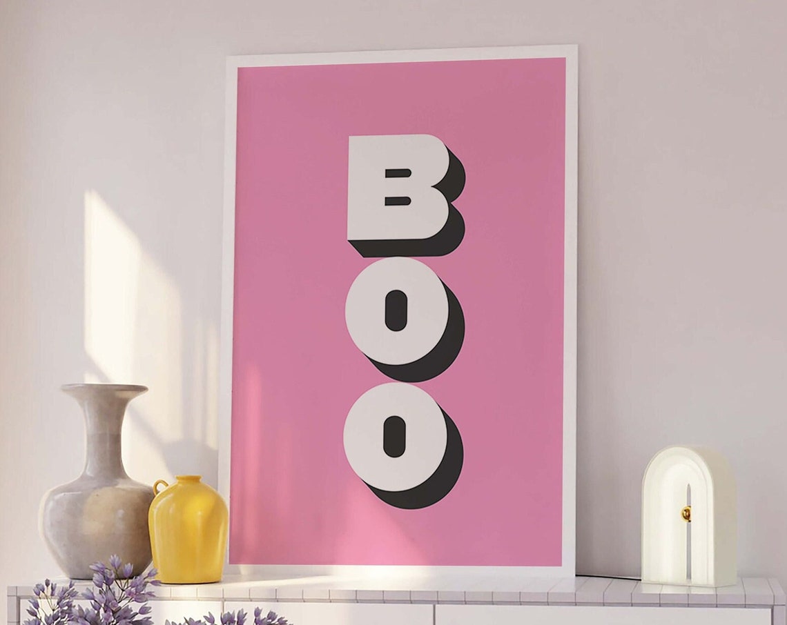 Vertical Retro Boo Lettering Shadowed Pink Halloween Wall Art