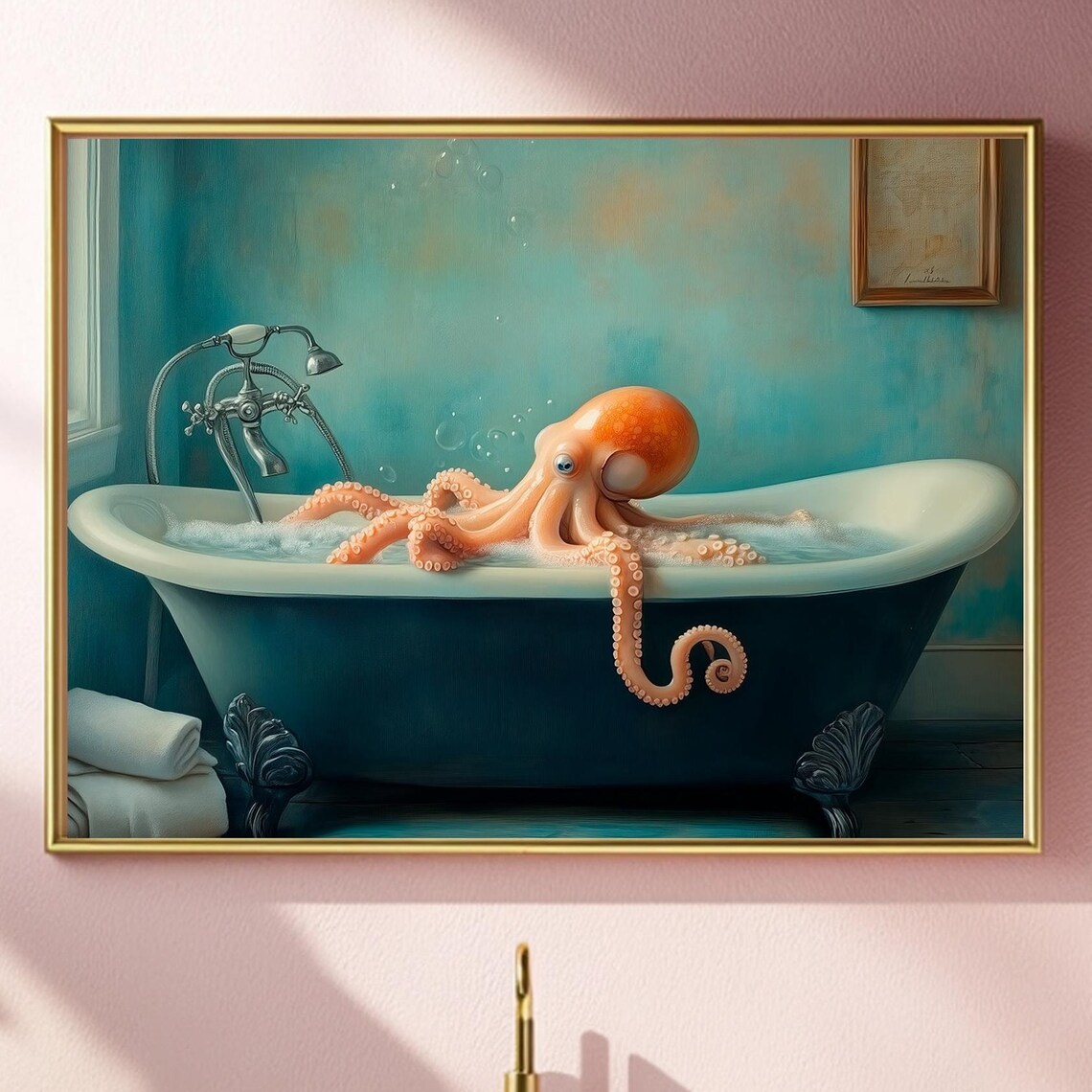 Octopus in the Bathtub, Dark Humor Bathroom Art Print