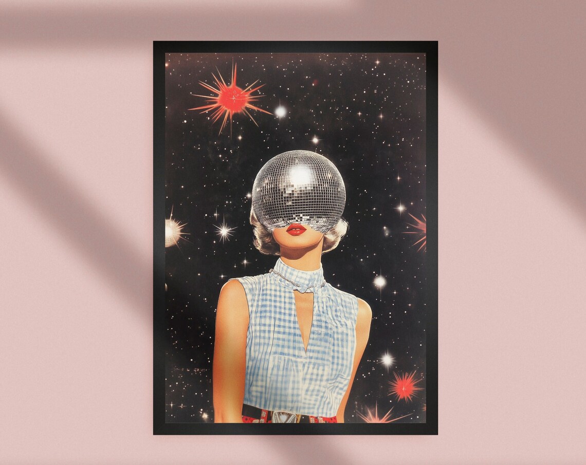 Retro Disco Ball Head Woman Cosmic Collage Art Print Starry Night