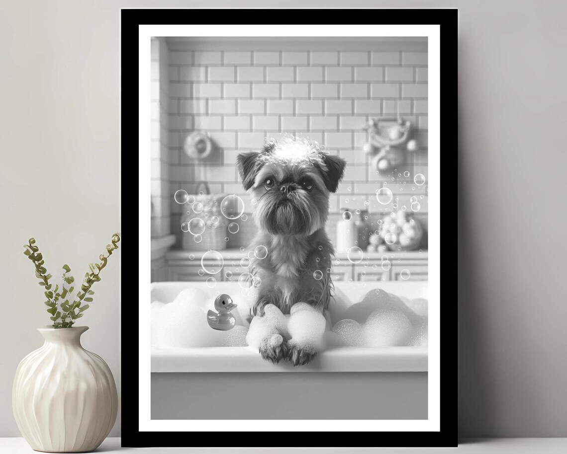 Brussels Griffon Wall Art Funny Bathroom Decor Pet Portrait Dog Gift In Bubble Bath