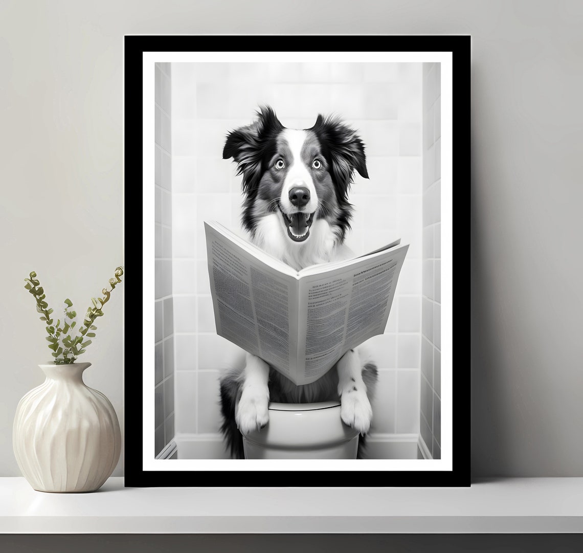 Australian Shepherd Reading Newspaper Toilet Funny Bathroom Poster